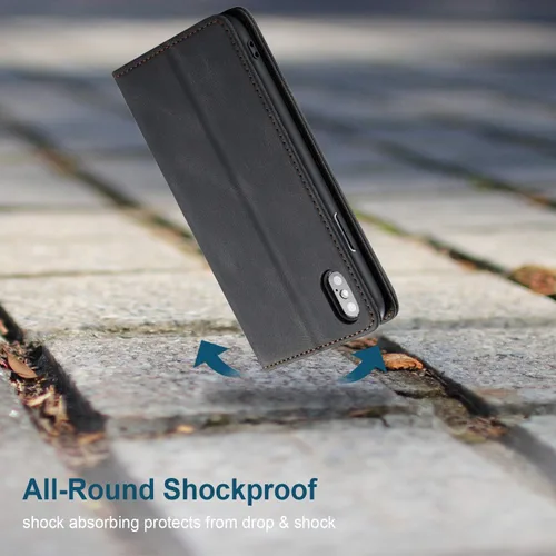 Vista 7 de japezop Funda tipo cartera compatible con iPhone Xs/iPhone X con tarjetero y bloqueo RFID, funda de cuero suave con soporte magnético y funda Negro