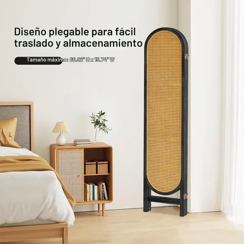 Vista 6 de Divisor de habitación de 4 paneles, divisor de habitación plegable de madera con doble bisagra, pantalla de privacidad individual hecha de ratán
