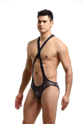 Vista 3 de Body de malla para hombre con leotardo de lucha libre