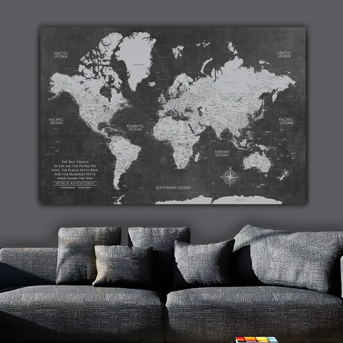 Vista 2 de HolyCowCanvas Personalizado Mapa Mundial con Alfileres Gris en Lienzo, 3 Tamaños, Marca Viajes, Tablero de Mapa Mundial con Alfileres, Mejor Regalo