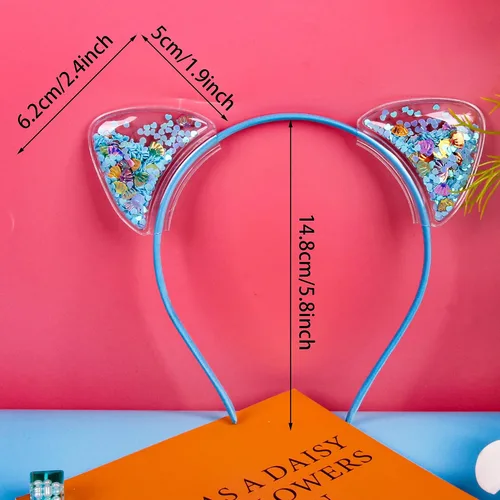 Vista 2 de Fishdown Diademas de orejas de gato con purpurina para niñas y niños, diadema brillante con orejas de gato, diadema colorida con lentejuelas