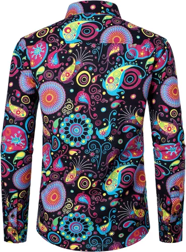 Vista 3 de LucMatton - Camisa de lino con diseño tradicional y estampado de manga larga y con botones para hombre, Multicolor, XXL