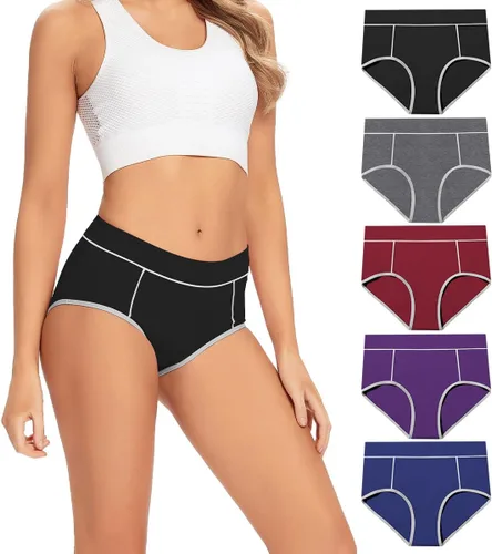 Vista 6 de POKARLA - Ropa interior elástica de algodón para mujer, pantaletas de cintura media alta, paquete de 5 Negro