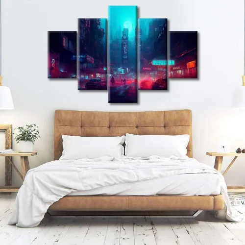 Vista 172 de Cuadros de 5 paneles de Cyberpunk City, arte de pared, representación de vallas publicitarias, edificios modernos en la capital con obras de arte