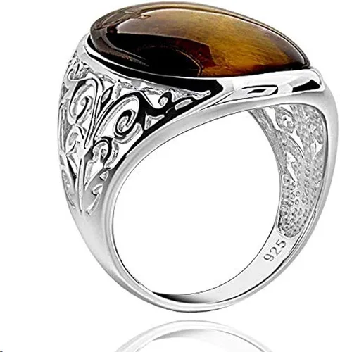 Vista 2 de Gemschest Anillo solitario de plata de ley con forma ovalada de ojo de tigre, Plata Esterlina