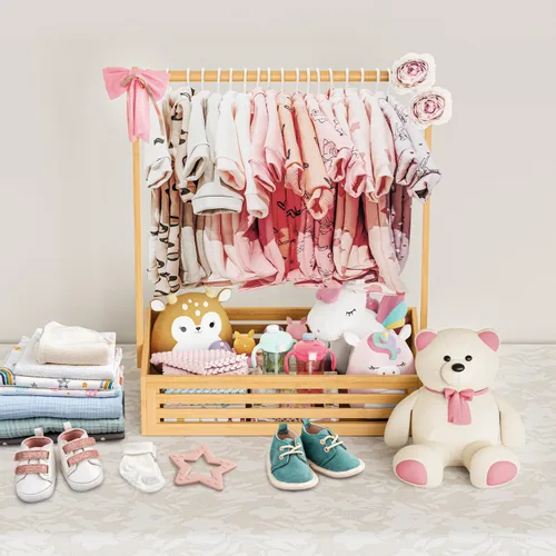 Vista 7 de BAMBOOHOMIE Perchero para Ropa de Bebé para Niños Pequeños, Perchero para Ropa de Mascotas con Caja de Almacenamiento y Barra Colgante Ajustable