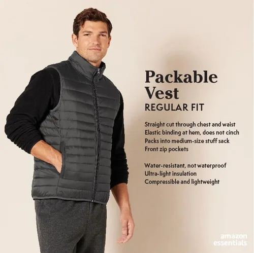 Vista 2 de Tienda Essentials - Chaleco para hombre acolchado, ligero y resistente al agua, incluye bolsa para empacarlo