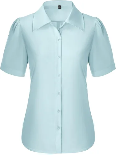 Vista 11 de Gleeivy Camisas de botones para mujer de manga corta abombada, camisas de vestir abotonadas con cuello ajustado, blusa superior de trabajo