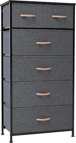 Vista 13 de Crestlive Products Cómoda para dormitorio, torre de almacenamiento alta y delgada, marco de acero resistente, parte superior de madera, cubos