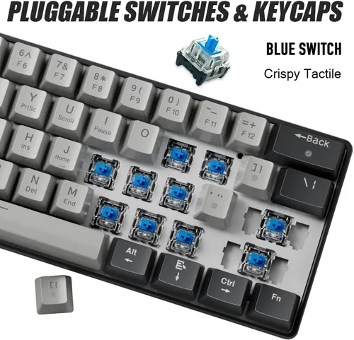 Vista 2 de abucow - Teclado mecánico 60% para juegos, interruptor azul, compacto con cable, anti-fantasma, sin conflictos, 61 teclas intercambiables, diseño