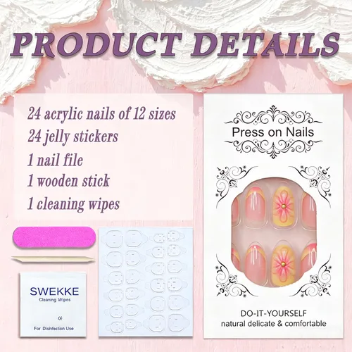 Vista 3 de Uñas postizas cortas en forma de almendra SWEKKE con punta francesa, uñas falsas con diseños de flores 3D en amarillo y rosa, uñas adhesivas