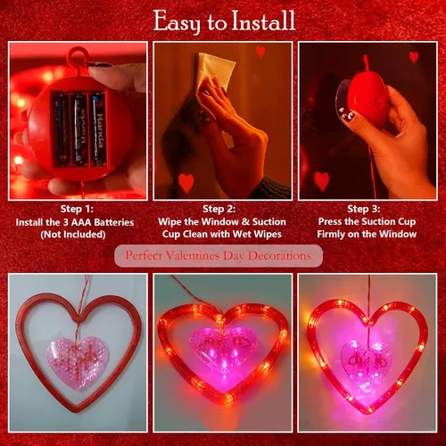 Vista 6 de Decoraciones de San Valentín, paquete de 3 luces de ventana de San Valentín, funciona con pilas, luces de corazón rojo y rosa con gancho de ventosa
