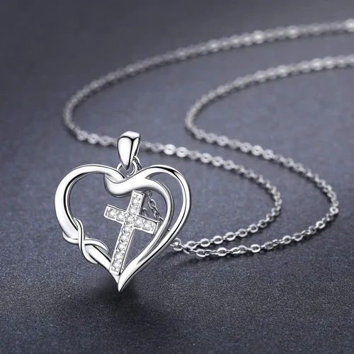 Vista 5 de CUOKA MIRACLE Collar de cruz con dije de corazón infinito, collar de plata de ley 925 con cadena delicada, joyería de 18 pulgadas, regalo de Navidad