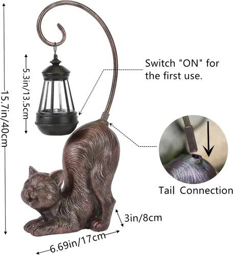 Vista 2 de Figura de gato riendo con luz LED alimentada por energía solar, 15.7 pulgadas de alto en bronce antiguo, perfecta para regalo, decoración de jardín