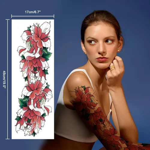 Vista 5 de Tatuaje temporal de brazo completo de Halloween para hombres y mujeres, 12 hojas de tatuajes temporales de manga de esqueleto de calavera, tatuajes