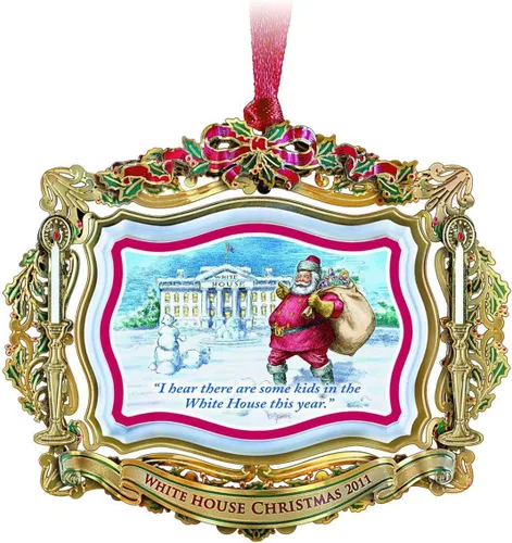 Vista 2 de 2011 Adorno de Navidad de la Casa Blanca, Santa visita la Casa Blanca 24k gold-finished brass in gold and red. Honors Theodore Roosevelt.