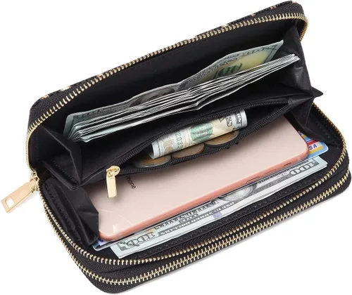 Vista 6 de Nabegum Cartera de leopardo para mujer con estampado de guepardo doble cremallera gran capacidad para tarjetas de crédito marrón