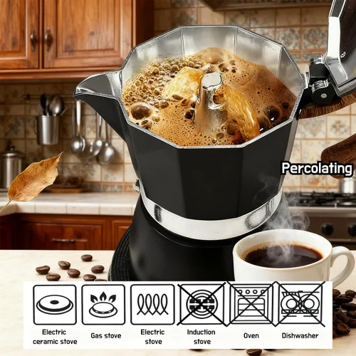 Vista 2 de Olla moka premium, cafetera espresso para estufa, cafetera percoladora, cafetera italiana, café cubano, cafetera greca (negro, 3 tazas 5.1 fl oz)