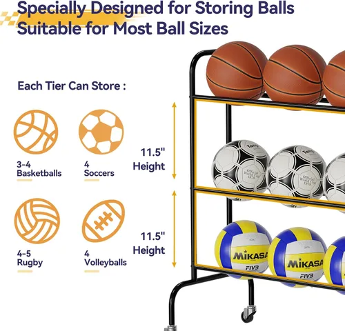 Vista 3 de Basketball Rack, Rolling Sport Equipment Holder Ball Storage Cart for Basketball, Football and Soccer, Suitable for Indoor and Outdoor, Black