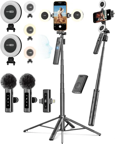 Vista 8 de USKEYVISION Kit de vlogging mejorado con micrófono de solapa inalámbrico, kit de YouTube para iPhone y teléfono inteligente con trípode retráctil
