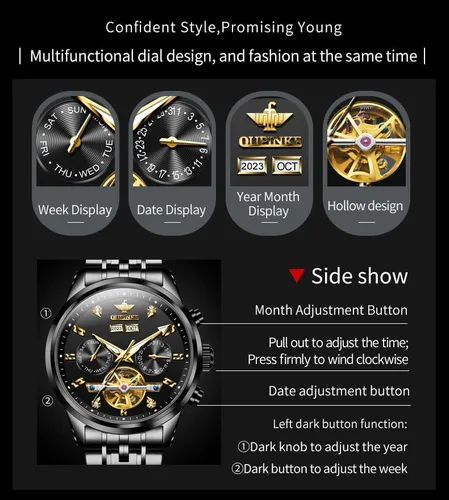 Vista 6 de OUPINKE Relojes Automáticos para Hombres Mecánicos Esqueleto Reloj de Vestir de Lujo para Hombre Acero de Tungsteno Resistente al Agua Luminoso
