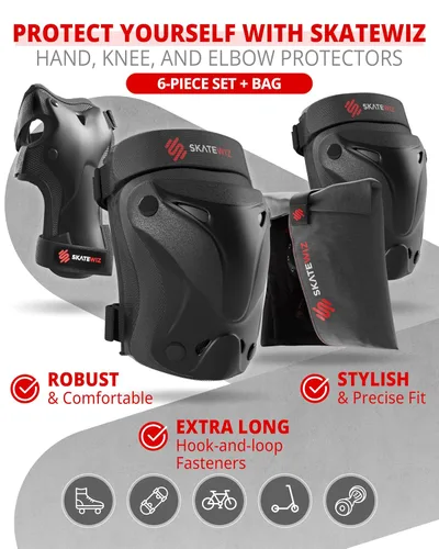 Vista 3 de SKATEWIZ Rodilleras para Niños - Juego de Rodilleras y Coderas - PROTECT-1 - Talla S Negro - Protectores de Muñeca Equipo Protector para Patinaje