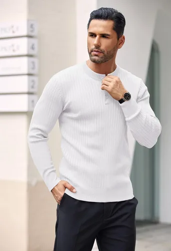 Vista 51 de COOFANDY Suéter de punto Henley para hombre, manga larga, con botones, ligero, para otoño, ajustado, acanalado