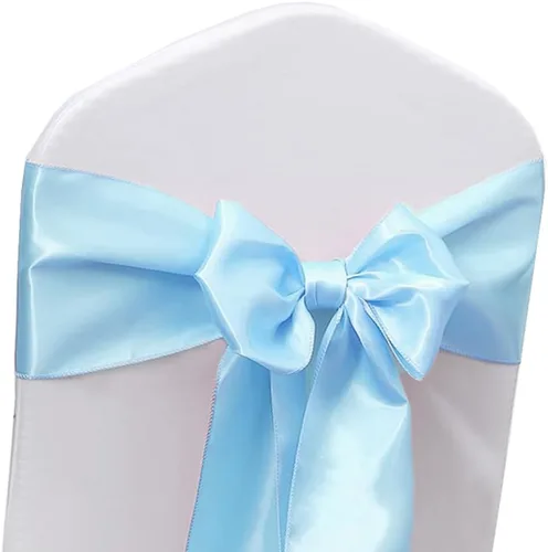 Vista 7 de Bandas de satén para sillas de color azul bebé, paquete de 50 lazos para sillas de color azul claro para boda, revelación de género, baby shower