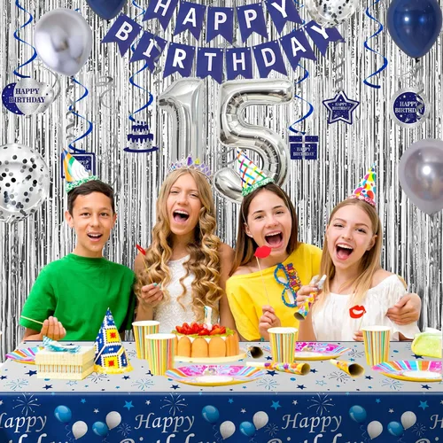 Vista 3 de Decoraciones de cumpleaños número 15 para niños y niñas azul plateado, pancarta de decoraciones de feliz cumpleaños número 15, globos de cumpleaños
