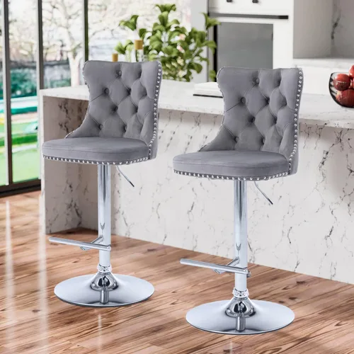 Vista 20 de Aoowow Juego de 2 taburetes de bar giratorios ajustables con parte trasera de terciopelo copetudo, sillas de bar modernas tapizadas con cabeza