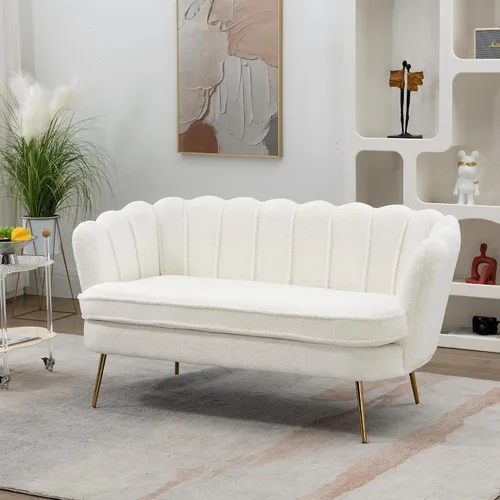 Vista 12 de Anwickjeff 59" de ancho sofá de dos plazas moderno de bouclé, sofá pequeño mini para espacios pequeños, sofá de 2 plazas con patas de metal dorado