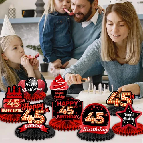 Vista 7 de Feliz 45 cumpleaños rojo y negro centros de mesa de panal de abeja decoraciones de globos decoración de mesa centros de mesa para niñas mujeres