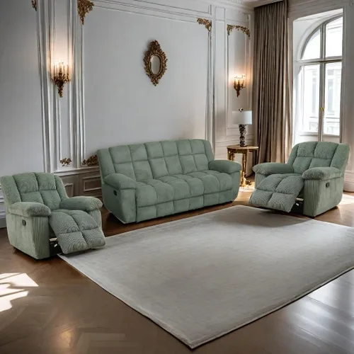 Vista 18 de Juego de sofá reclinable manual de pana extragrande para sala de estar, juego de sofá de pana con mesa desplegable y portavasos para Beige
