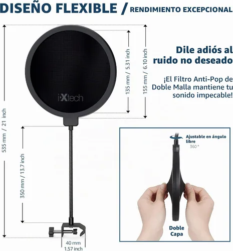 Vista 2 de Ixtech Filtro pop para micrófono, filtro pop Blue Yeti, pantalla de doble capa con un clip flexible de cuello de cisne de 360 grados