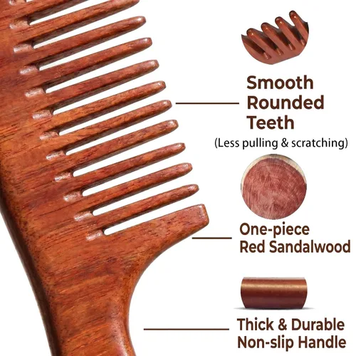 Vista 2 de Juego de 2 peines de madera de sándalo con dientes anchos y finos, peine de madera para mujeres y hombres, peine de madera antiestático para cabello