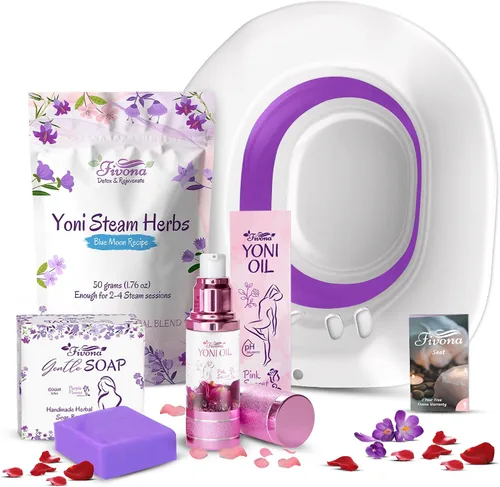 Vista 10 de Kit de vaporización yoni 2 en 1 FIVONA sobre el asiento del inodoro con hierbas de vapor V Receta Luna Azul para desintoxicación, limpieza