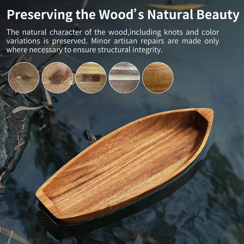 Vista 8 de Bandeja para servir Barco de la Suerte, plato de madera maciza de acacia con forma interesante para servir postres, frutas, aperitivos y ornamento