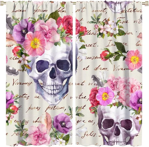 Vista 33 de Cortinas de cabeza de calavera, calavera blanca y rosas rojas con ramas y hojas negras, cortinas opacas decorativas para sala de estar, dormitorio