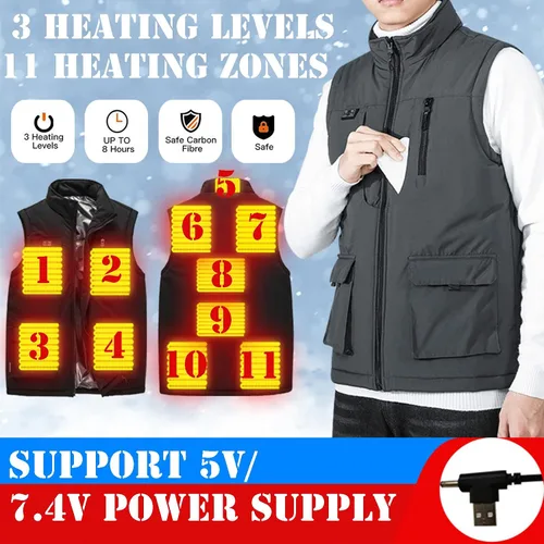 Vista 2 de Chaleco térmico ligero para hombre con bolsillo, control de doble interruptor, 11 zonas de calefacción, abrigo térmico