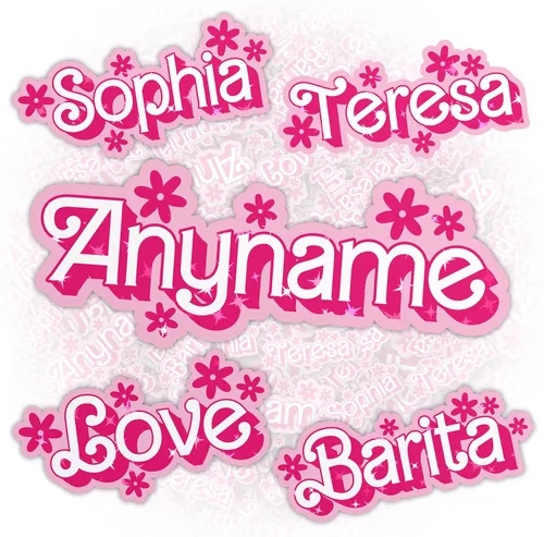 Vista 7 de Adhesivo retro personalizado con nombre personalizado, muñeca rosa, nombre de princesa, vacaciones en la playa, impermeable, transferencia UV DTF