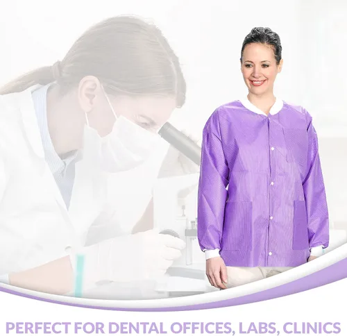 Vista 25 de Paquete de 10 chaquetas desechables de laboratorio, chaqueta médica reutilizable hasta la cadera, unisex, con puños de punto y bolsillos
