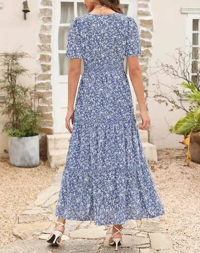 Vista 4 de Zattcas Vestido largo casual de verano para mujer 2023, manga corta, cuello en V, fruncido, escalonado, modesto, floral, bohemio, vestido maxi