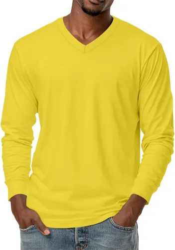 Vista 13 de Camiseta para hombre, manga larga, cuello en V, color liso, informal, básica, suave, elástica, M-3XL