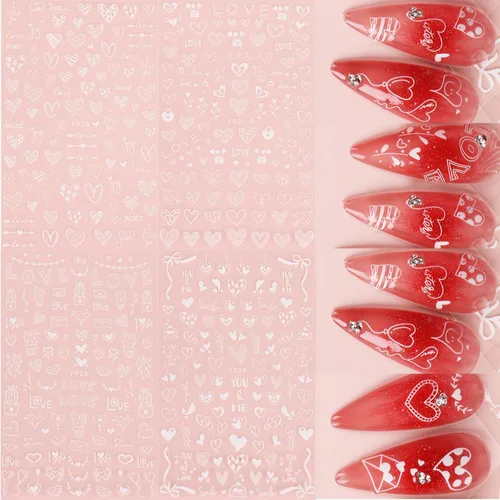 Vista 6 de Calcomanías de arte de uñas de corazón de San Valentín, calcomanías de uñas blancas para el día de San Valentín, calcomanías de uñas autoadhesivas