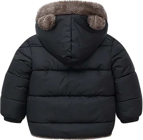 Vista 2 de Chaqueta de plumón para niños y niñas linda chaqueta con cremallera para orejas de oso con bolsillo cálida y gruesa para invierno con capucha