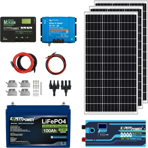 Vista 3 de ExpertPower Kit de energía solar de 1.3KWH 12V LiFePO4 12V 100Ah, paneles solares mono de 200 W, controlador de carga solar MPPT de 20 A, cargador