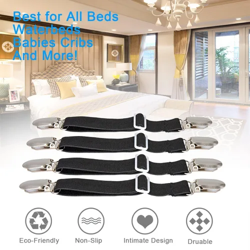 Vista 5 de BetyBedy 4 piezas de tirantes ajustables para sábanas de cama, clips elásticos para correas de sábanas, agarres de cubierta para funda de colchón