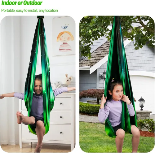 Vista 7 de Columpio sensorial para niños y adultos con capacidad para hasta 300 libras en interiores y exteriores, columpio de terapia de abrazo de doble capa