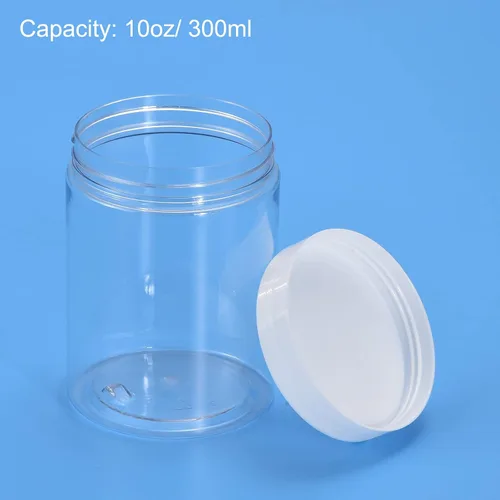 Vista 4 de uxcell Tarros redondos de plástico con tapa superior de rosca blanca, recipientes vacíos transparentes de boca ancha de 10 onzas