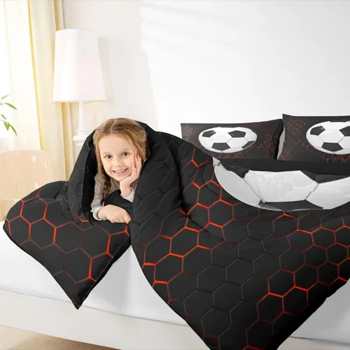 Vista 6 de Juego de edredón de panal negro y rojo para adolescentes, jóvenes y adultos, juego de ropa de cama de fútbol y fútbol, juegos de edredón hexagonales